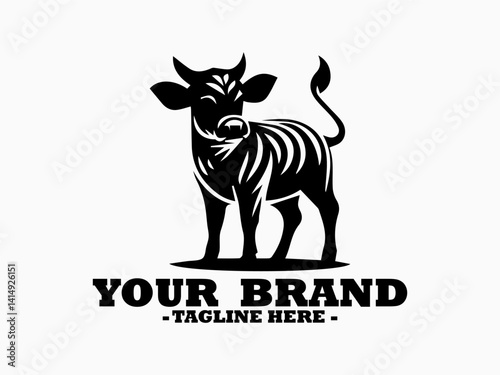 powerful standing bull featuring strong musculature and prominent curved horns. Farm animal bull concept, bull full body vector illustration and bull logo design art