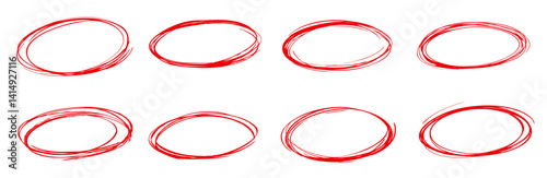 Vector set of eight hand-drawn red scribble circles or ovals. Each element is created with multiple overlapping sketchy lines, resembling marker or pen highlights, and features slight variations.