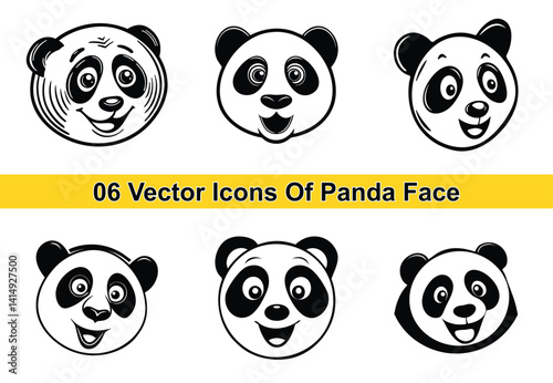 Six Vector Icons of Cute Panda Bear Faces