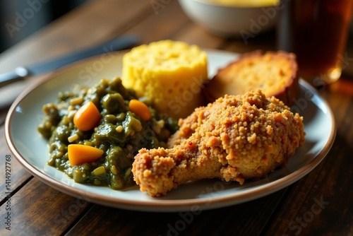 A delicious plate of southern soul food meal with fried chicken, collard greens, and cornbread on a rustic wooden table, fried chicken, wooden table, cornbread