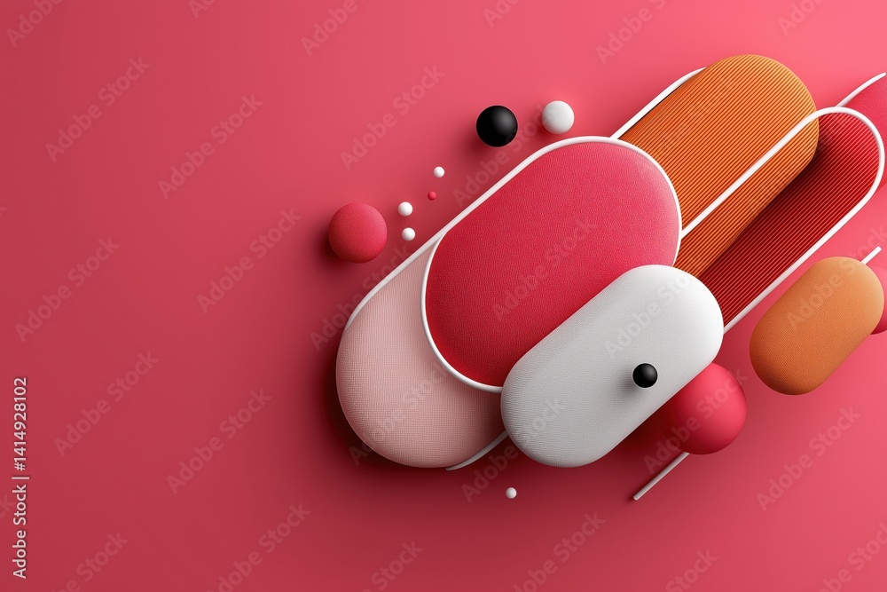 Geometric shapes and modern design elements create a vibrant pink background with lines and dots