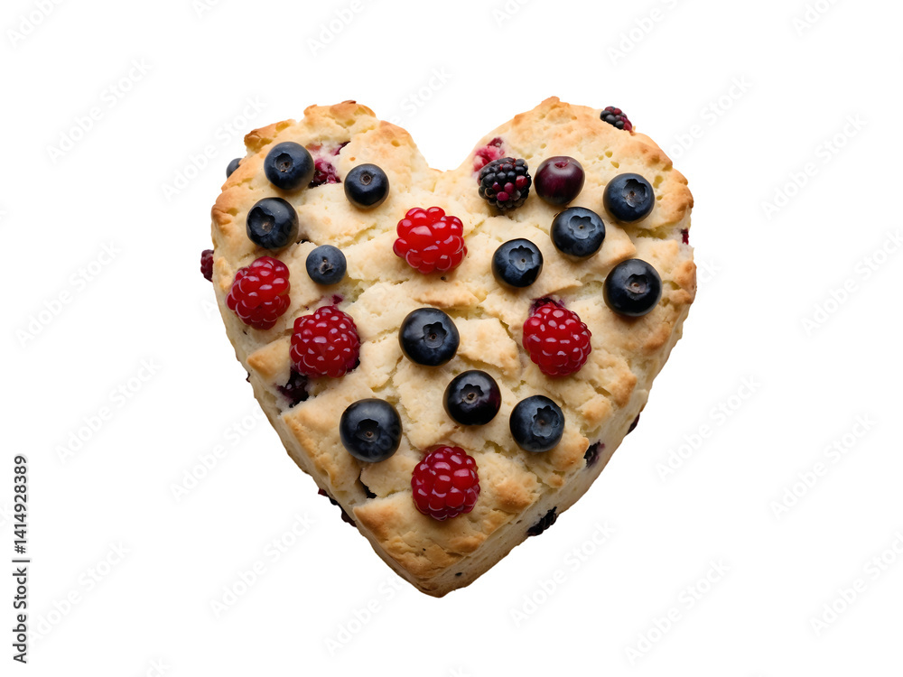 Heart-Shaped Scone Adorned with Fresh Berries, A Delightful Treat for Valentine's Day or Any Occasion, Beautifully Isolated