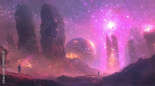 An immense space elevator connects Earth to a glowing orbital ring, surrounded by futuristic tech and swirling galaxies in deep space.

