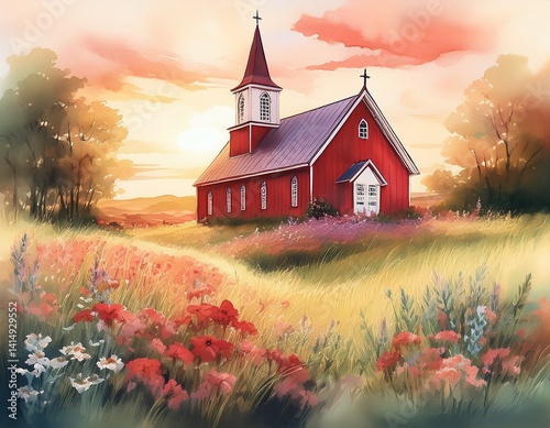 A cozy red country church standing in a field of wildflowers, softly painted in warm watercolor tones beneath a golden sky.