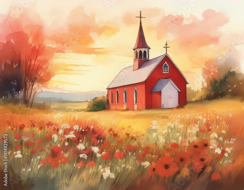 A cozy red country church standing in a field of wildflowers, softly painted in warm watercolor tones beneath a golden sky.