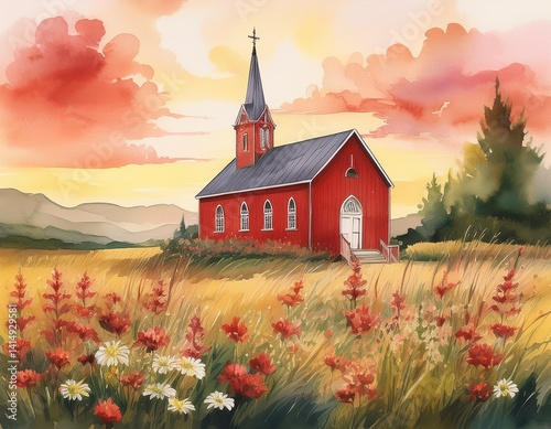 A cozy red country church standing in a field of wildflowers, softly painted in warm watercolor tones beneath a golden sky.