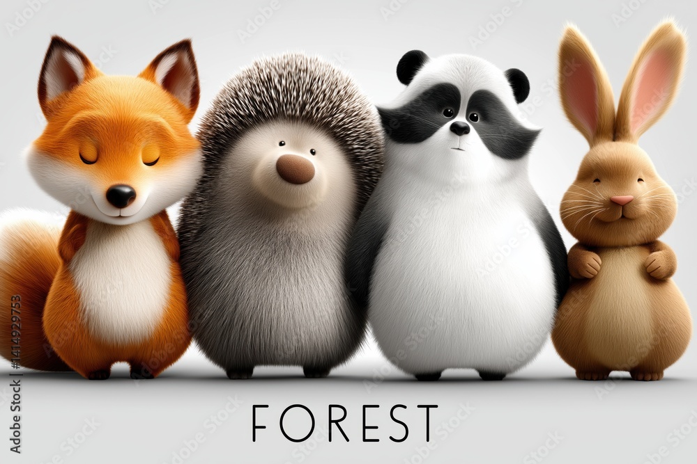 Watercolor depiction of cartoon forest animals including a fox, hedgehog, bunny, bear, raccoon, and squirrel in a colorful forest setting