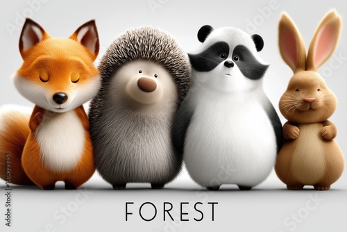 Obraz na płótnie Watercolor depiction of cartoon forest animals including a fox, hedgehog, bunny, bear, raccoon, and squirrel in a colorful forest setting w salonie