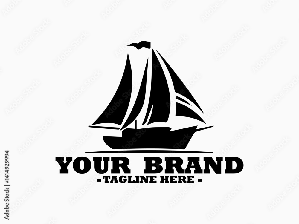 Dark silhouette of a classic sailboat featuring multiple sails and a waving flag sailing on a calm water surface. Boat illustration, sea vector, yacht Illustration and logo sailboat