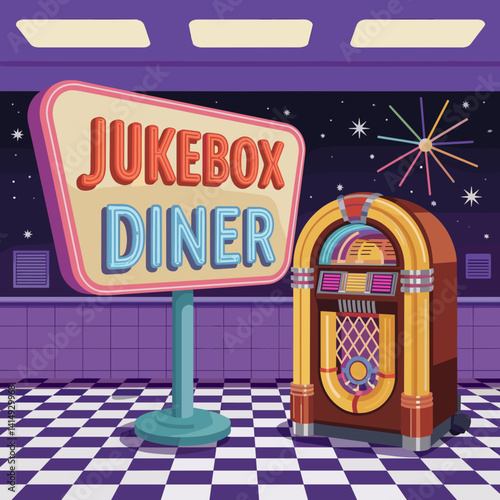 Jukebox Diner Sign with Retro Neon and 50s Interior