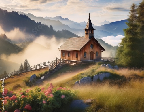 A brown wooden chapel on a quiet hillside, with watercolor mist rising from the valley below — peaceful and timeless.