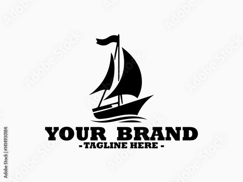 Dark silhouette of a classic sailboat featuring multiple sails and a waving flag sailing on a calm water surface. Boat illustration, sea vector, yacht Illustration and logo sailboat