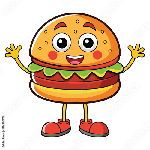 Happy cartoon burger with welcoming arms