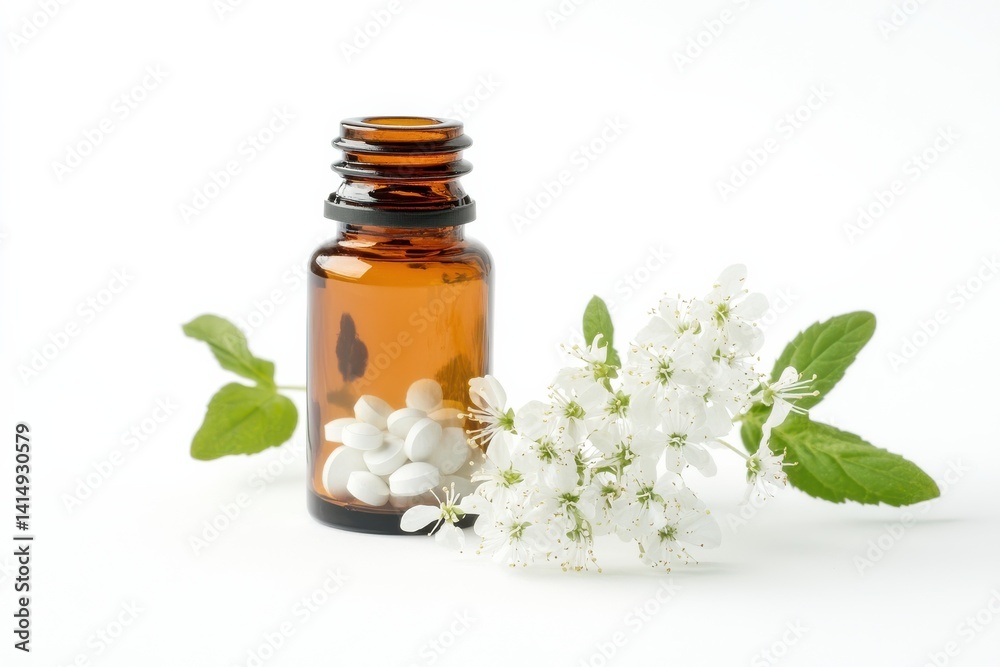 Natural remedies in a glass bottle with white flowers and herbs on a smooth surface Natural remedies in a glass bottle with white flowers and herbs on a smooth surface