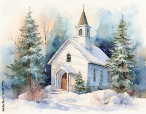 A white clapboard church with a bell tower, surrounded by watercolor snow and evergreens, evoking winter worship in stillness.