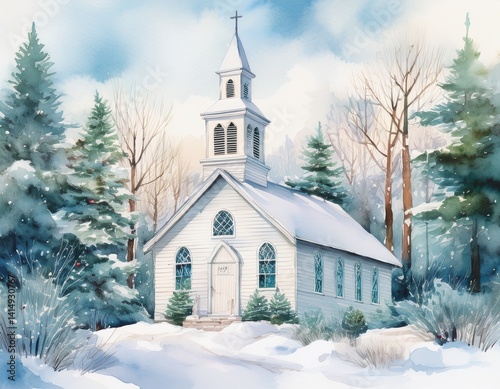 A white clapboard church with a bell tower, surrounded by watercolor snow and evergreens, evoking winter worship in stillness.