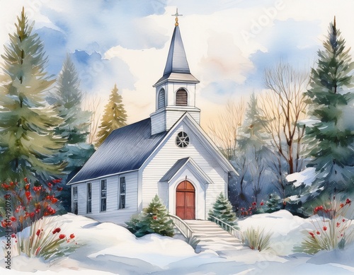 A white clapboard church with a bell tower, surrounded by watercolor snow and evergreens, evoking winter worship in stillness.
