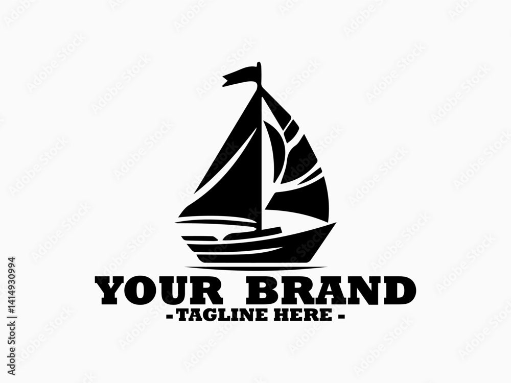 Dark silhouette of a classic sailboat featuring multiple sails and a waving flag sailing on a calm water surface. Boat illustration, sea vector, yacht Illustration and logo sailboat Dark silhouette of a classic sailboat featuring multiple sails and a waving flag sailing on a calm water surface. Boat illustration, sea vector, yacht Illustration and logo sailboat