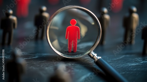 Magnifying glass focusing on a single red figure among many black figures.