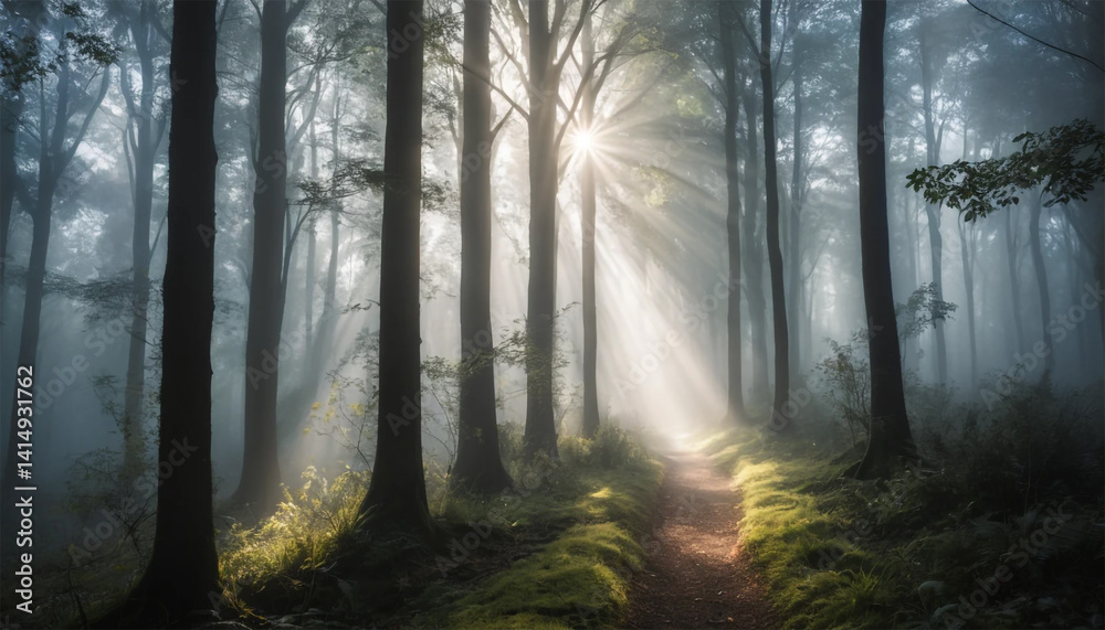 Obraz premium Sunlight shining through the trees in a misty forest creating a beautiful and serene atmosphere