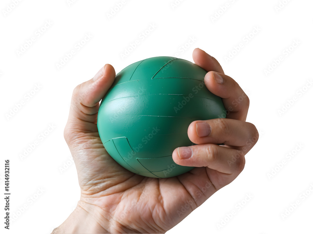 Isolated Image of a Person's Hand Firmly Squeezing a Green Stress Ball Against a Plain Backdrop, Illustrating Tension and Stress Relief with Tactile Sensory Interaction