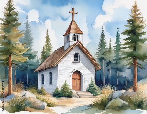 A small white church with a wooden cross on top, nestled between watercolor-painted pine trees and a pale blue sky.