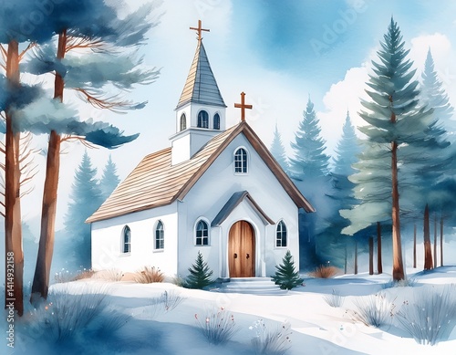 A small white church with a wooden cross on top, nestled between watercolor-painted pine trees and a pale blue sky.