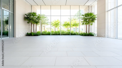 Modern building s bright lobby with large windows showcasing lush tropical landscaping