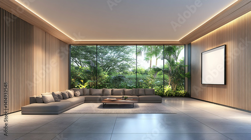 Modern living room with large window showcasing lush garden view