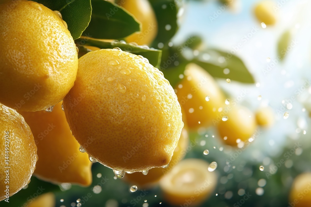 Close-up view of ripe lemons hanging on a lemon tree branch in an organic garden, showcasing vibrant colors and fresh produce ready for harvest