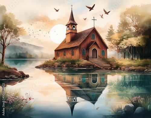A rustic brown chapel near a lake, reflected in soft watercolor water with birds flying above in gentle arcs.