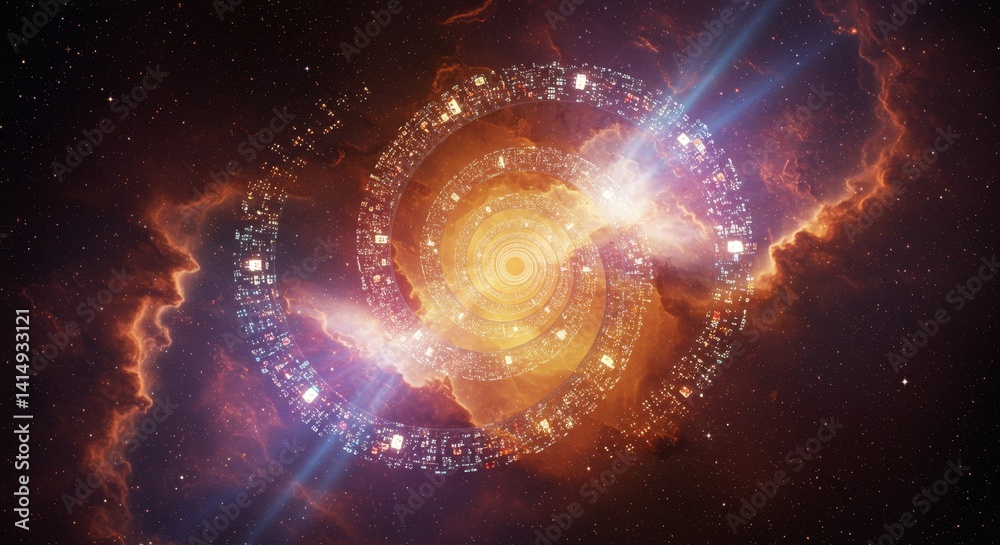 Obraz premium Celestial Ring Station in Nebula - A futuristic space station, ring-shaped, glows brightly within a vibrant nebula. Cosmic rays emanate from its core