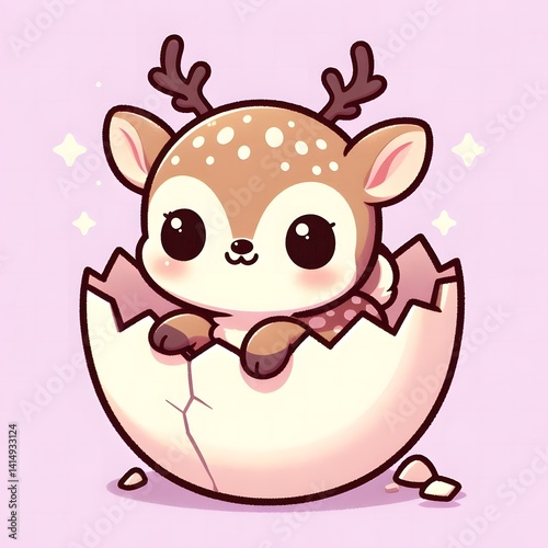 Cute cartoon baby deer with tiny antlers hatching from a cracked egg shell, surrounded by sparkles and spring elements, symbolizing new life and innocence on pastel background