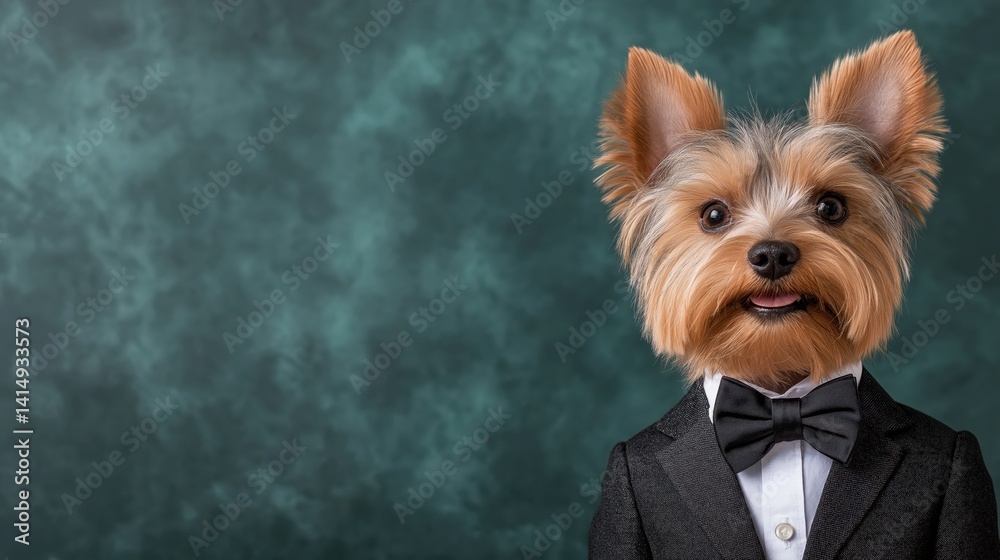 Yorkshire Terrier in elegant tuxedo and bowtie poses for a charming portrait in a stylish setting