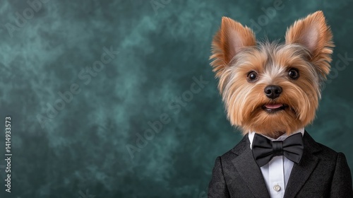 Obraz na płótnie Yorkshire Terrier in elegant tuxedo and bowtie poses for a charming portrait in a stylish setting w salonie