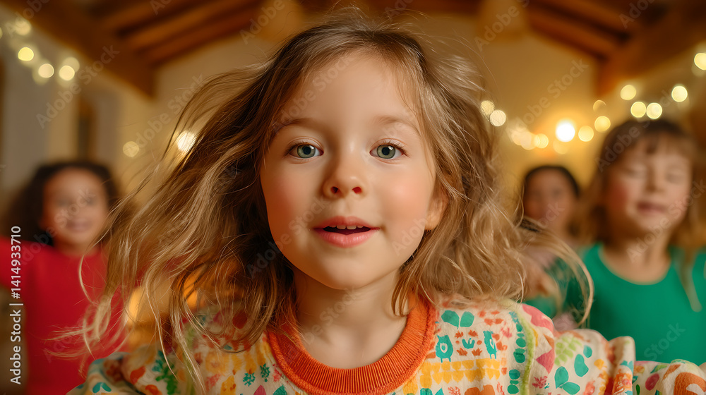Joyful Girl Running with Glitter in Hair, Children Playing Indoors