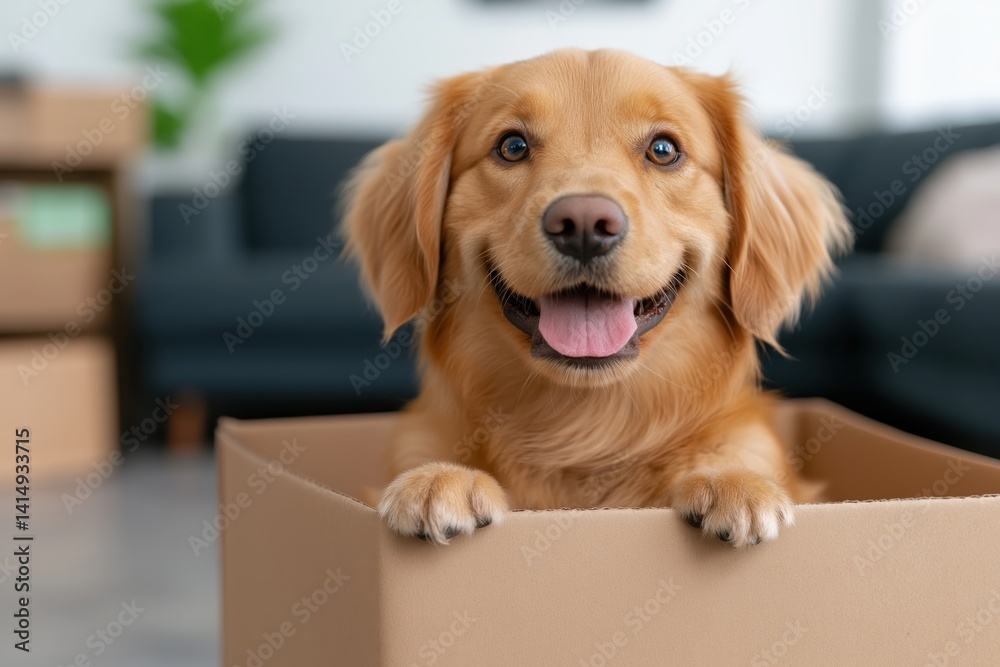 Happy dog relaxing in cardboard box while preparing for move in cozy living room