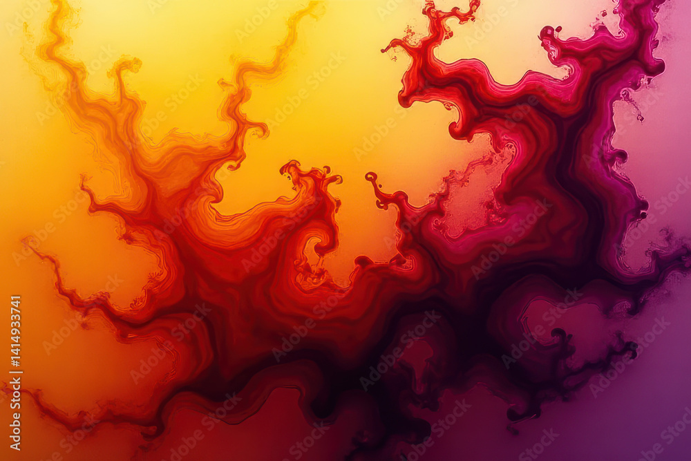 Obraz premium Mesmerizing Ink Swirls: Abstract Photography of Yellow & Dark Orchid in Water