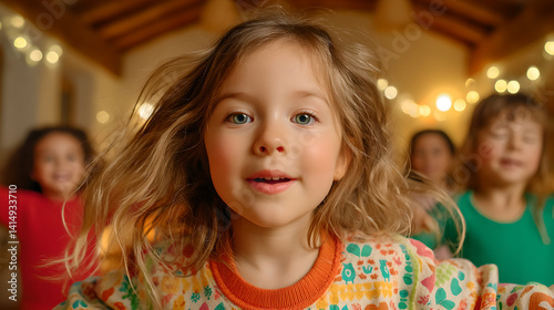 Obraz na płótnie Joyful Girl Running with Glitter in Hair, Children Playing Indoors w salonie