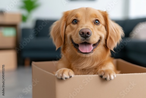 Obraz na płótnie Happy dog relaxing in cardboard box while preparing for move in cozy living room w salonie