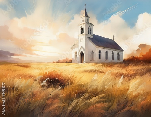 A bright white church standing alone on a prairie, watercolor grasses swaying around it as sunlight filters through pale clouds.