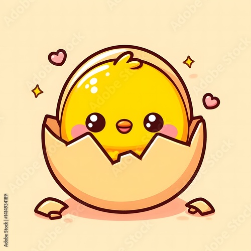 
Charming cartoon chick hatching from a cracked eggshell, depicted with a joyful expression and soft pastel tones. A playful and whimsical baby animal illustration ideal for spring, Easter, or childre
