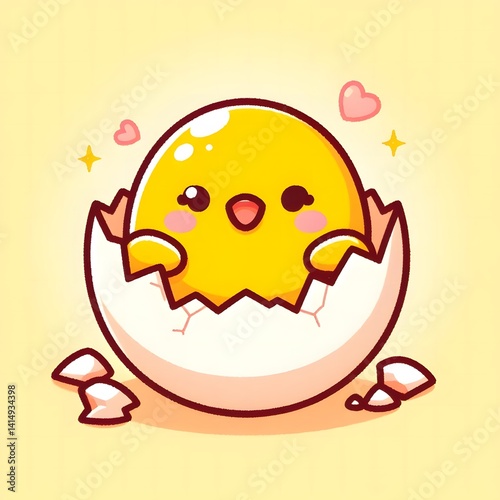 
Charming cartoon chick hatching from a cracked eggshell, depicted with a joyful expression and soft pastel tones. A playful and whimsical baby animal illustration ideal for spring, Easter, or childre