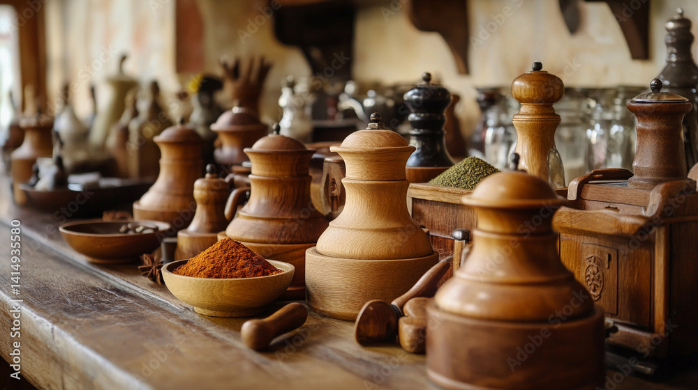 Assorted wooden spice mill collection on a rustic table Generative AI