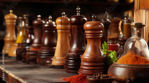 Obraz na płótnie Assorted wooden spice mills showcase craftsmanship and variety Generative AI w salonie