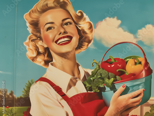 Beautiful smiling pin-up girl in a red dress holding a vegetable basket, posing cheerfully for a vintage-style grocery advertisement photo. High quality illustration
