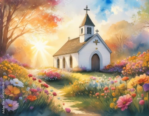 A small white country church on Easter morning, surrounded by watercolor flowers and light rising behind the cross.