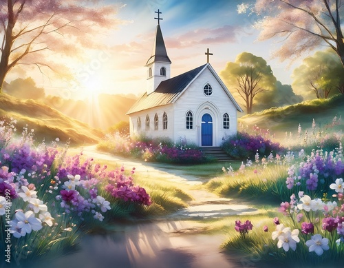 A small white country church on Easter morning, surrounded by watercolor flowers and light rising behind the cross.