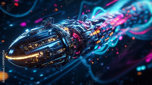 A glowing, high-tech space elevator climbs toward a vast orbital ring, silhouetted by colorful starscapes and dynamic galactic energy fields.

