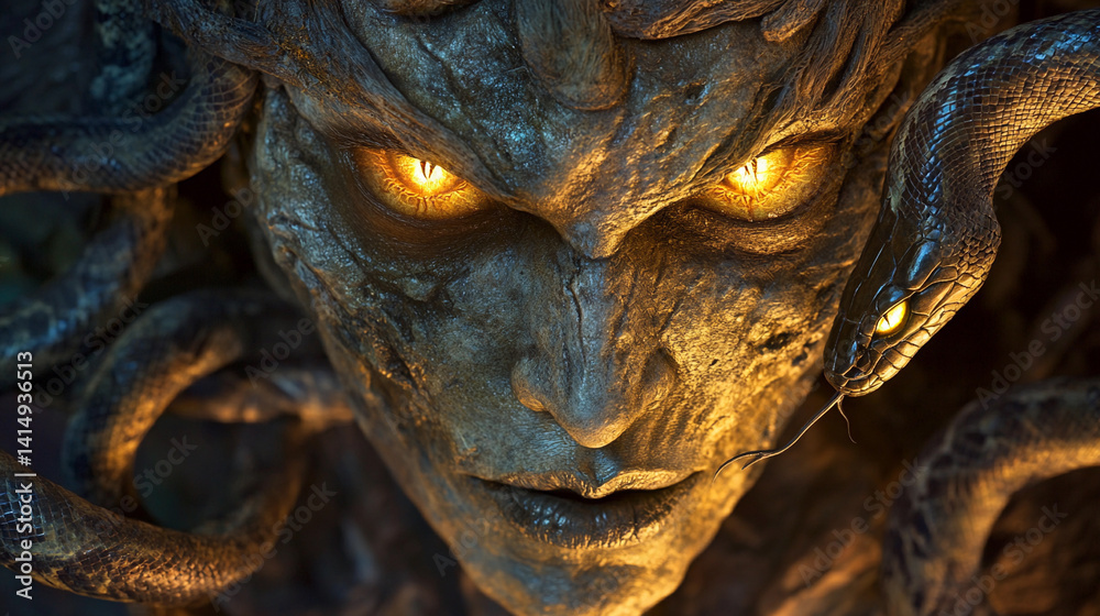 Closeup of Gorgon with glowing serpent eyes and textured skin Generative AI